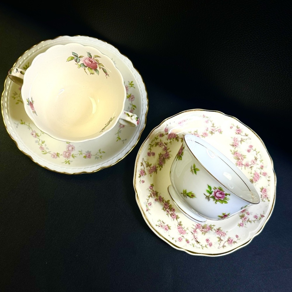 Mismatched Tea Cups & Saucers Set Of 2 Vtg Bone China Pink Roses Green Floral